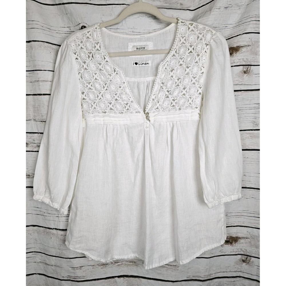Malvin I Love Linen White Tunic Top M Womens Crochet Coastal Babydoll